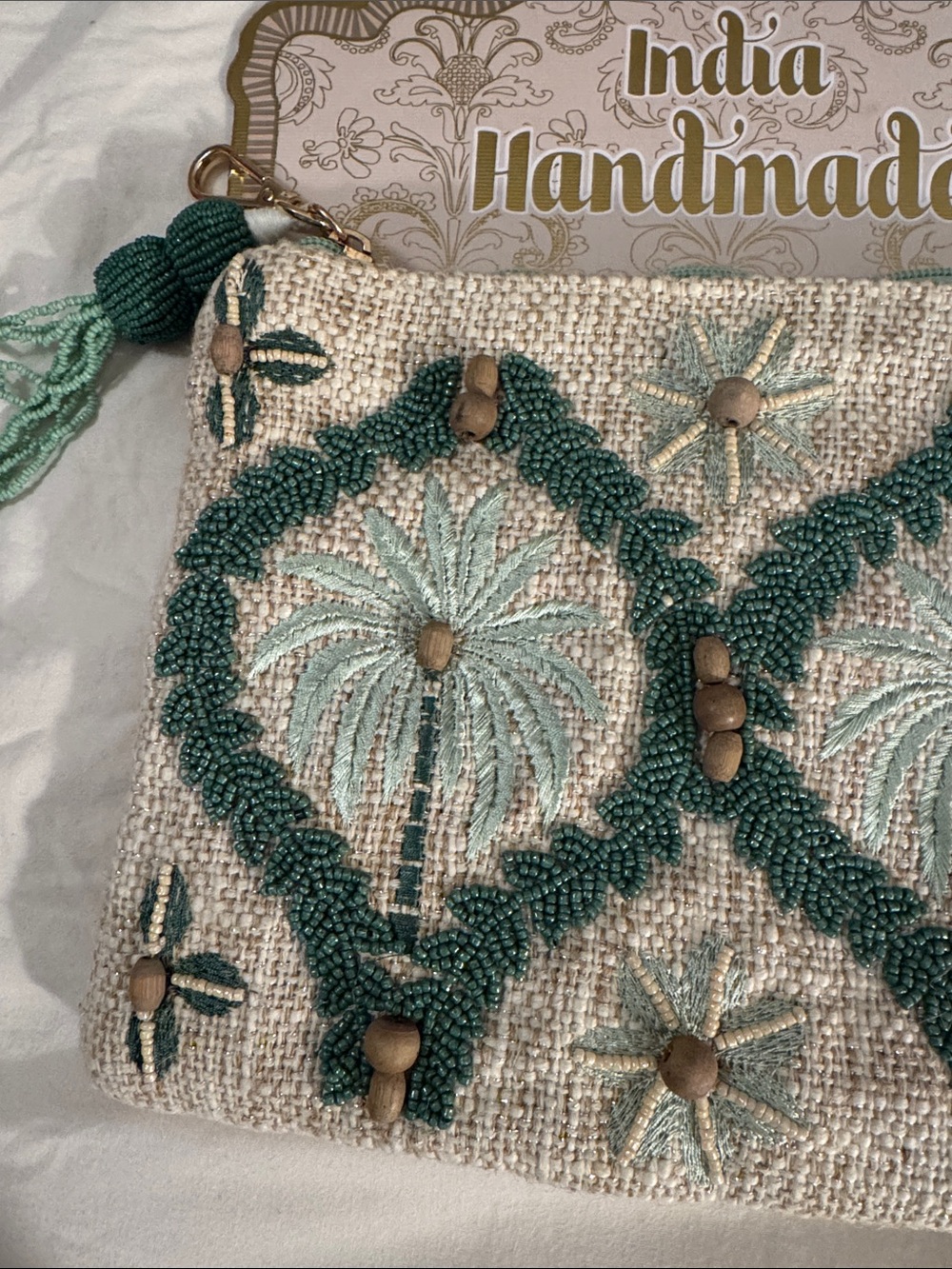 India Handmade Embroidered Beaded Pouch in Teal and Cream - Picture 3 of 10